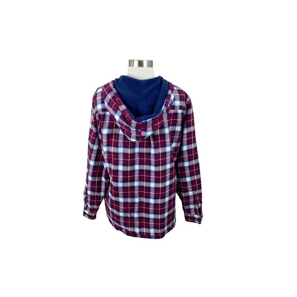 L.L. Bean Fleece Lined Blue Burgundy Plaid Flannel Button Front Shirt Shacket M - Picture 3 of 4